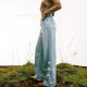 2025 spring jeans high waist ripped brushed wide leg pants trendy retro straight pants hot girl bowknot pipe pants