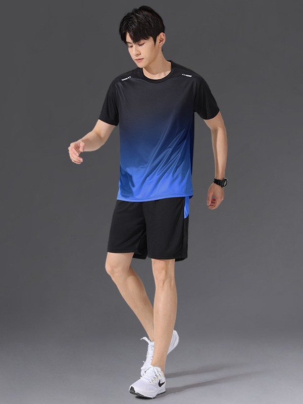 スポーツスーツメンズ速乾性アイスシルク Tシャツ半袖ショーツランニング新しい夏のフィットネス服バドミントン服|undefined