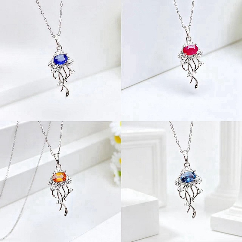 The New S925 Sterling Silver Pendant Is Inlaid with Natural Emeralds, Rubies, and Other Colorful Gemstones, Featuring a Lively, Cute, and Fresh Design of a Small Jellyfish