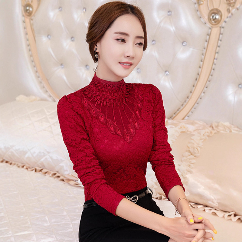 High-Neck Lace Base Shirt for Women, Long-Sleeve 2026 New Style, Fleece-Lined and Thickened Top, Autumn and Winter Warm Inner Wear, Stylish Blouse