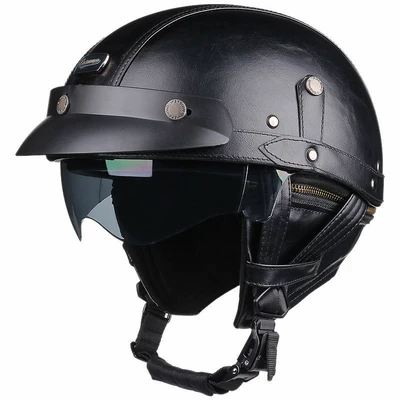 Retro Leather Half-Helmet Motorcycle Helmet for Men and Women, 3C Certified Electric Scooter Riding Safety Helmet with Goggles (Motosiklet kaskı (dəbilqə)) - 3c-black-leather-m55-56cm