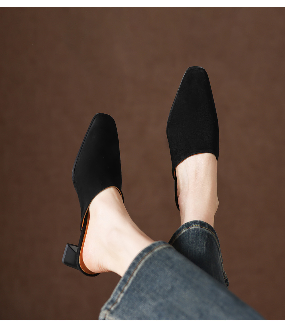 Sandal cao gót nữ mũi vuông da lộn, gót 7 cm, kiểu dáng nửa kéo — đen chi tiết 8