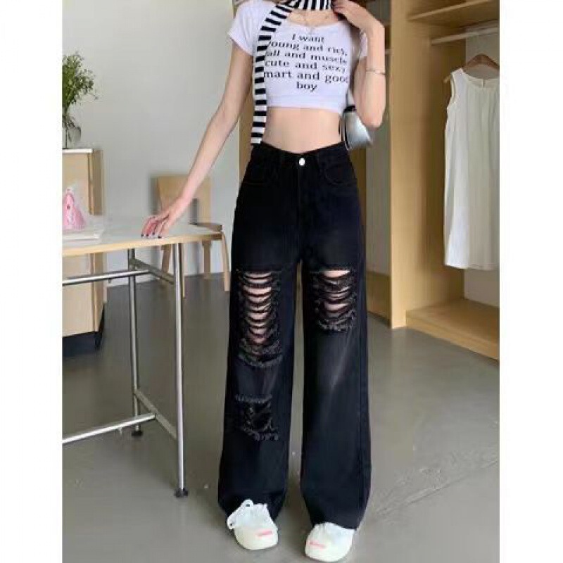 Black Ripped Jeans Women's Straight Loose Summer 2024 New High Waist Small Unique Wide Leg Pants