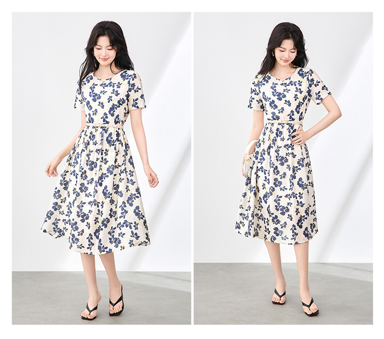 Váy maxi nữ tay ngắn thắt lưng chất liệu Tencel linen in họa tiết — Màu đen chi tiết 14