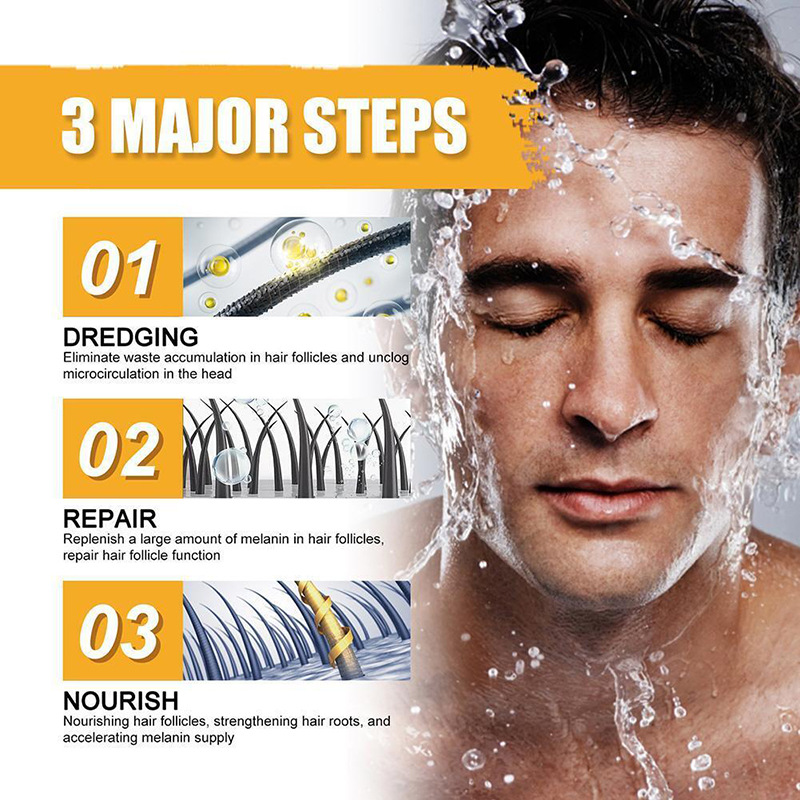 A man with dark hair and a wet face demonstrates the use of men’s grey coverage bar shampoo for dark hair 50g with water droplets cascading down his skin as he closes his eyes.