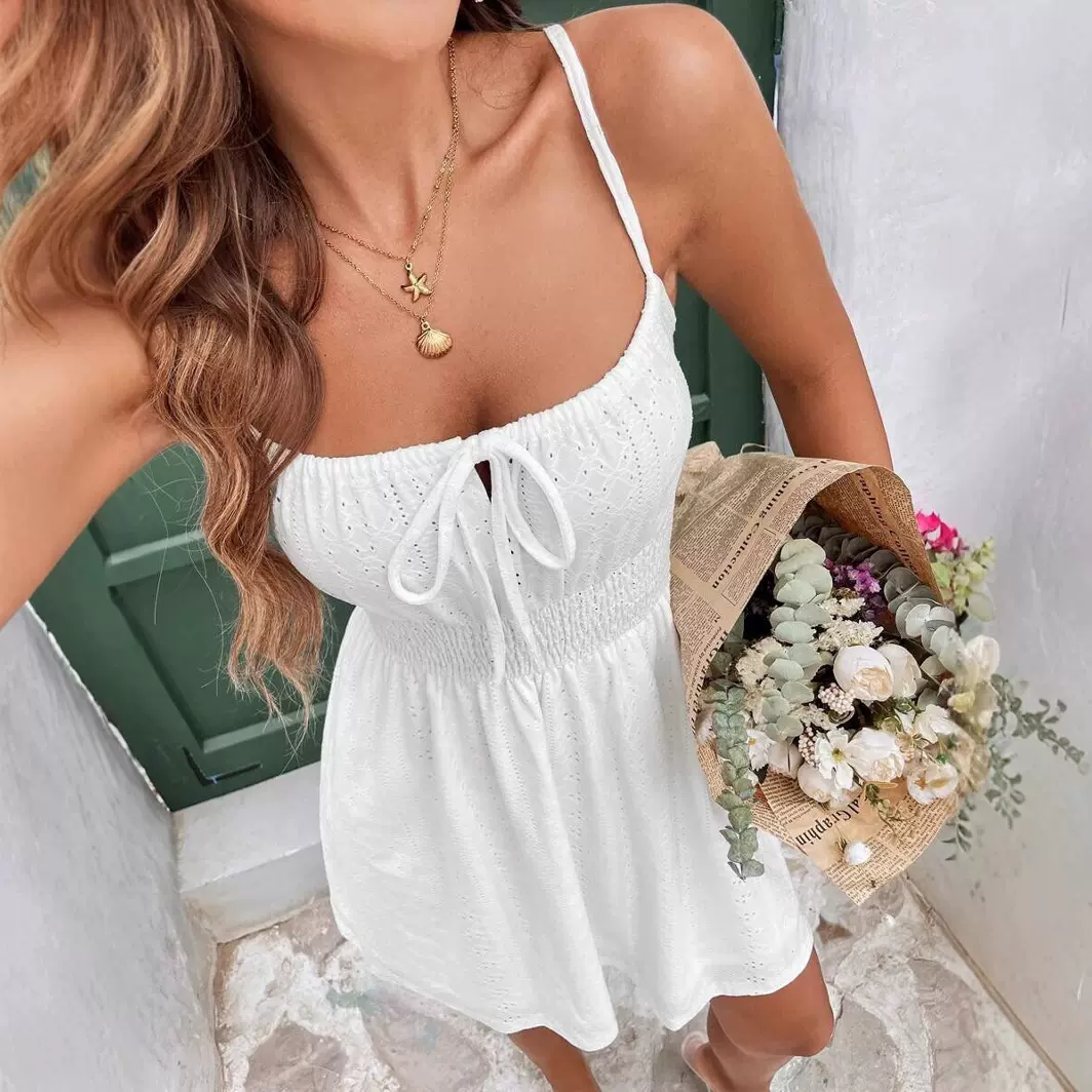 亚马逊跨境欧美优雅风无袖吊带连衣裙夏季新款高腰褶皱A字中长裙