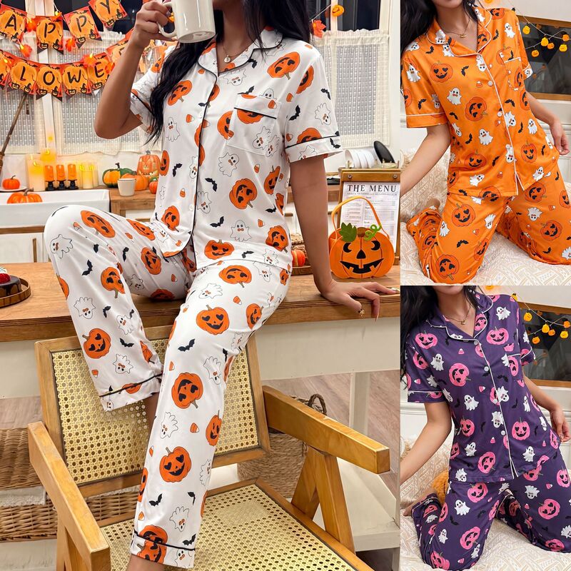 Halloween European and American cross-border women's quirky pumpkin-themed pajamas, fashionable printed short-sleeve long-pants home wear set