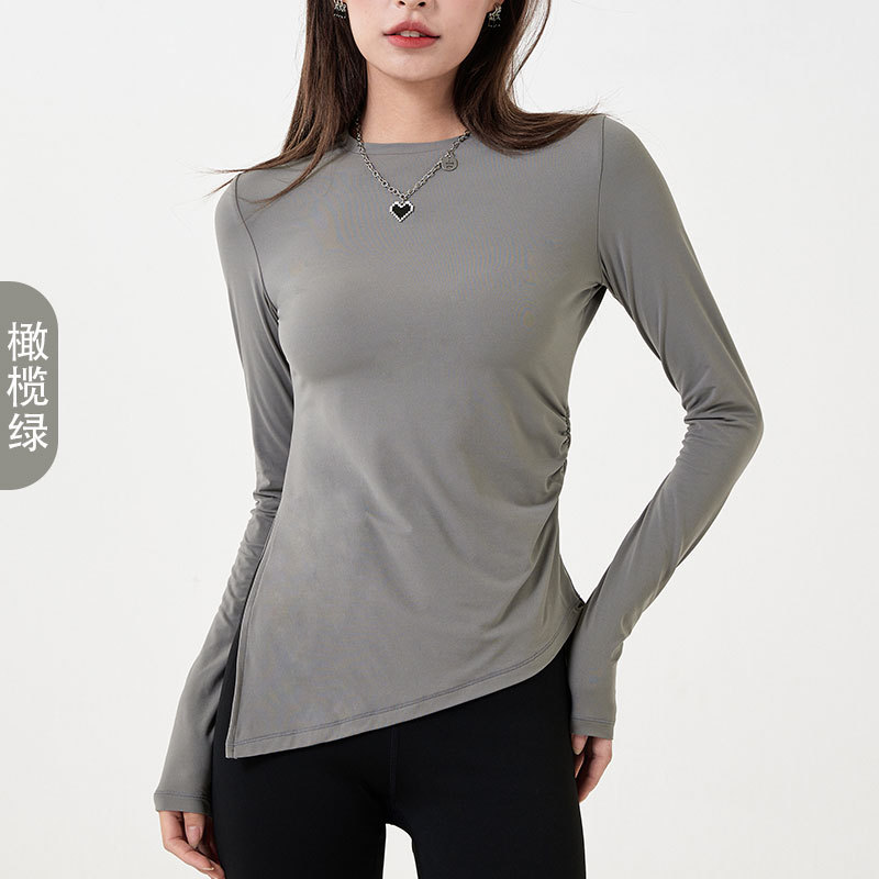 Primavera y verano nueva yoga de doble capa nube camisa suave de las mujeres cuello redondo dividido apretado deportes fitness superior desgaste exterior camisa de fondo