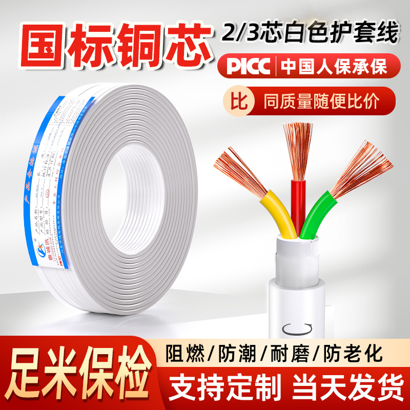 鲁诚讯两相电缆电灯线铜芯白电线2.5平方家用软线二芯软护套线1.5