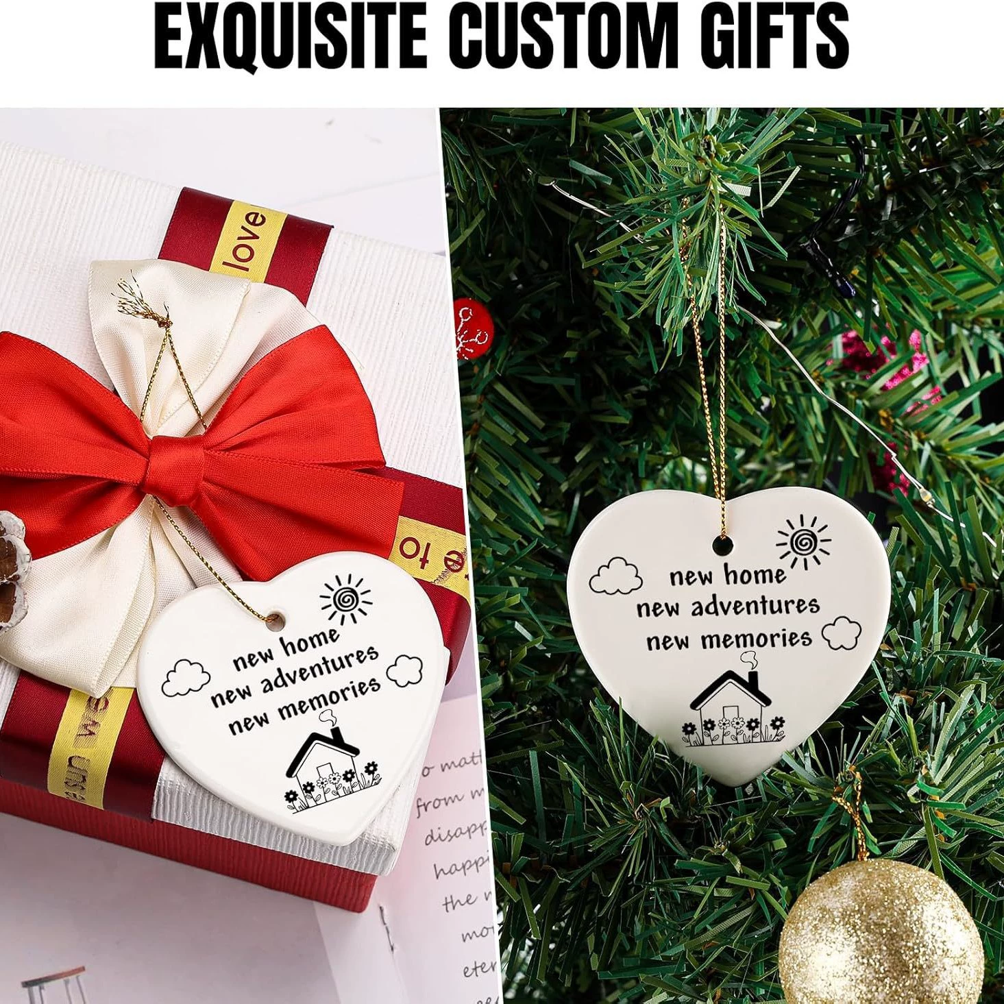 Новинка для трансграничной торговли: керамический сувенир 73 мм в форме сердца с двусторонней УФ-печатью, золотым и белым шнурком для подарочного оформления