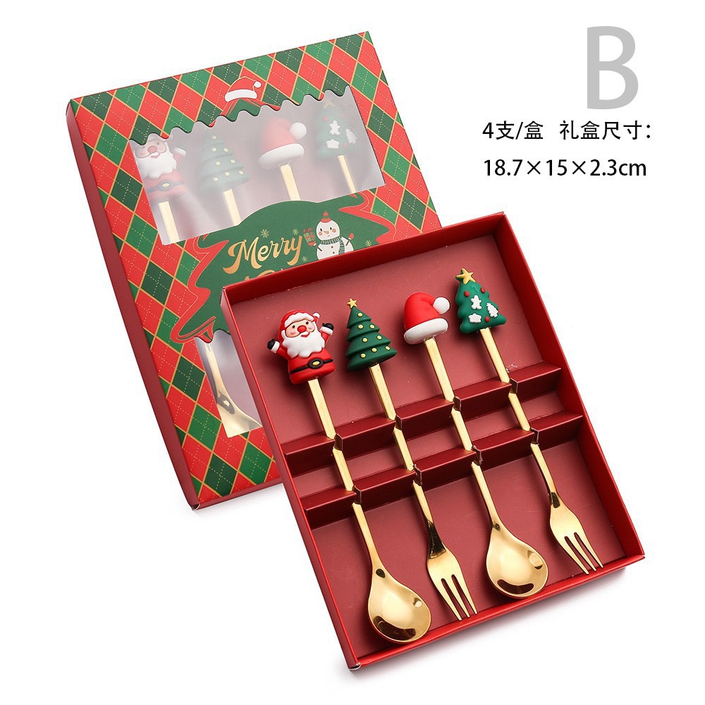Cuchara de acero inoxidable creativa árbol de Navidad café tartar postre horquilla de fruta muñeca cuchara horquilla cubierta set de regalo