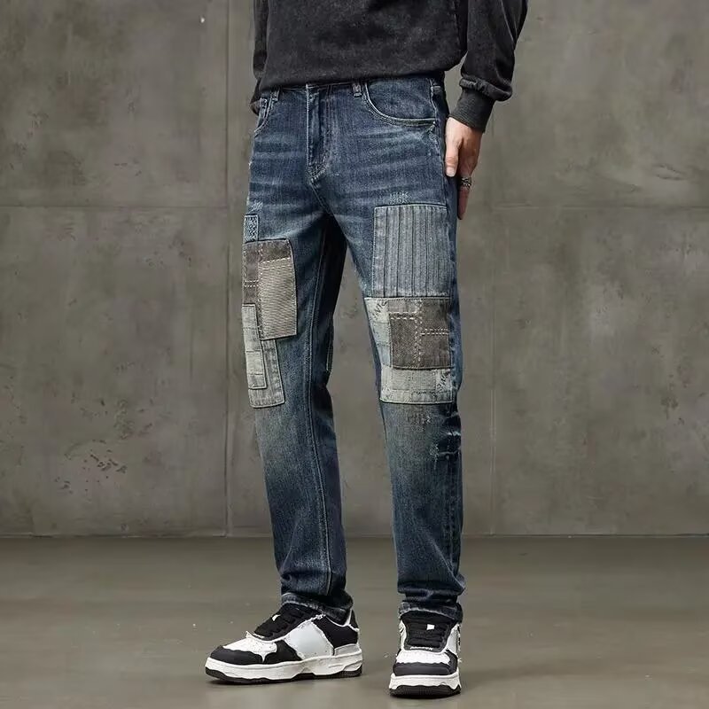 Heren retro patchwork jeans losse straight leg casual broek_voghion.com