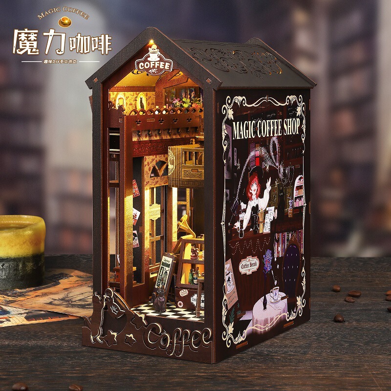 Jiate diy キャビンマジックコーヒー 3d 立体組み立てブックスタンドハウスミニチュアモデル建設おもちゃ誕生日ギフト|undefined
