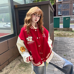 美式高街红色刺绣棒球服外套女春秋宽松潮牌高级感情侣装夹克上衣