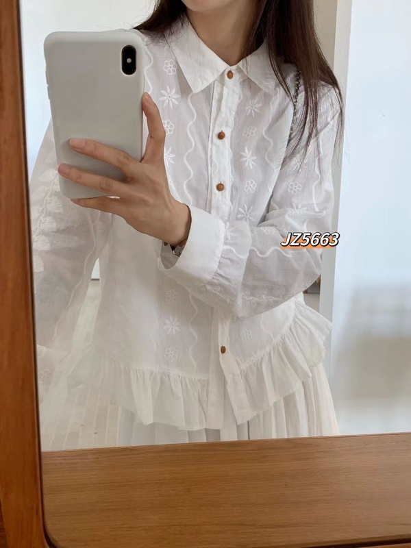 法式小清新气质镂空刺绣衬衫甜美荷叶边下摆薄款长袖上衣女ZR|undefined