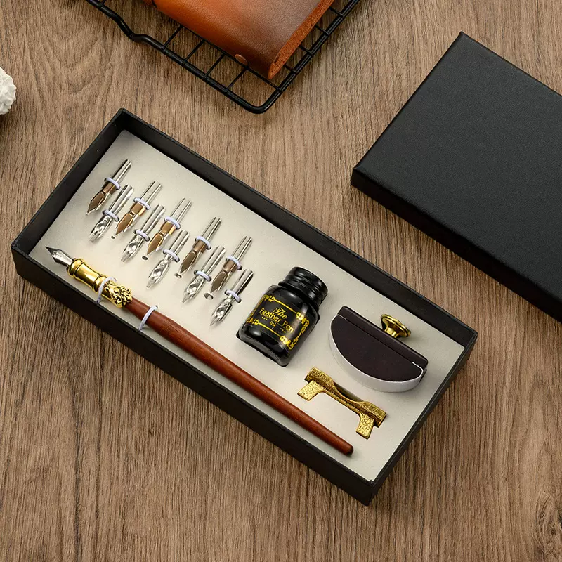 复古蘸水钢笔套装欧式羽毛笔商务礼品套装批发厂家直供木杆沾水笔