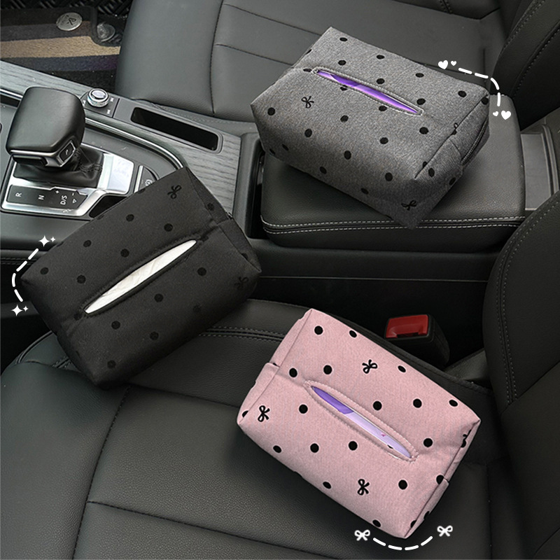 青い雨の車のティッシュの箱は簡単でファッション的な波点の車内の手すりの箱は紙の箱の蝶結びの車のティッシュの袋の女性を引き出します。|undefined