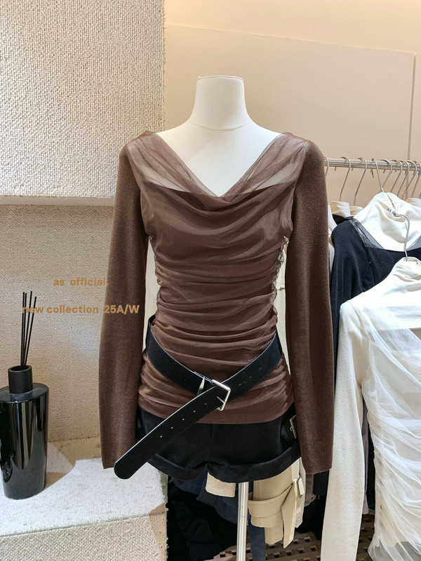 AS OFFICIAL博主推荐娇娇少女温润感柔软网纱拼接荡领小衫(配腰带|undefined