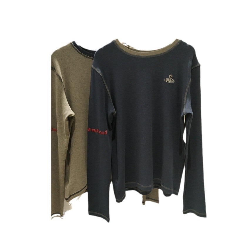 (2개) 토성 자수 티셔츠 여성 가을 2024 대비 칼라 슬림 핏 슬림 핏 스트레치 올 매치 라운드 넥 탑