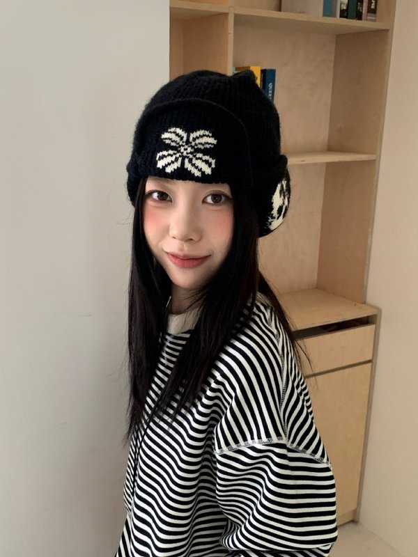 韩国花朵雷锋帽女秋冬百搭保暖防寒毛线帽流苏两戴护耳帽针织帽子|undefined