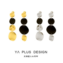 欧美个性撞色圆片长款不对称耳钉女时尚夸张通勤蚊香盘无耳洞耳夹