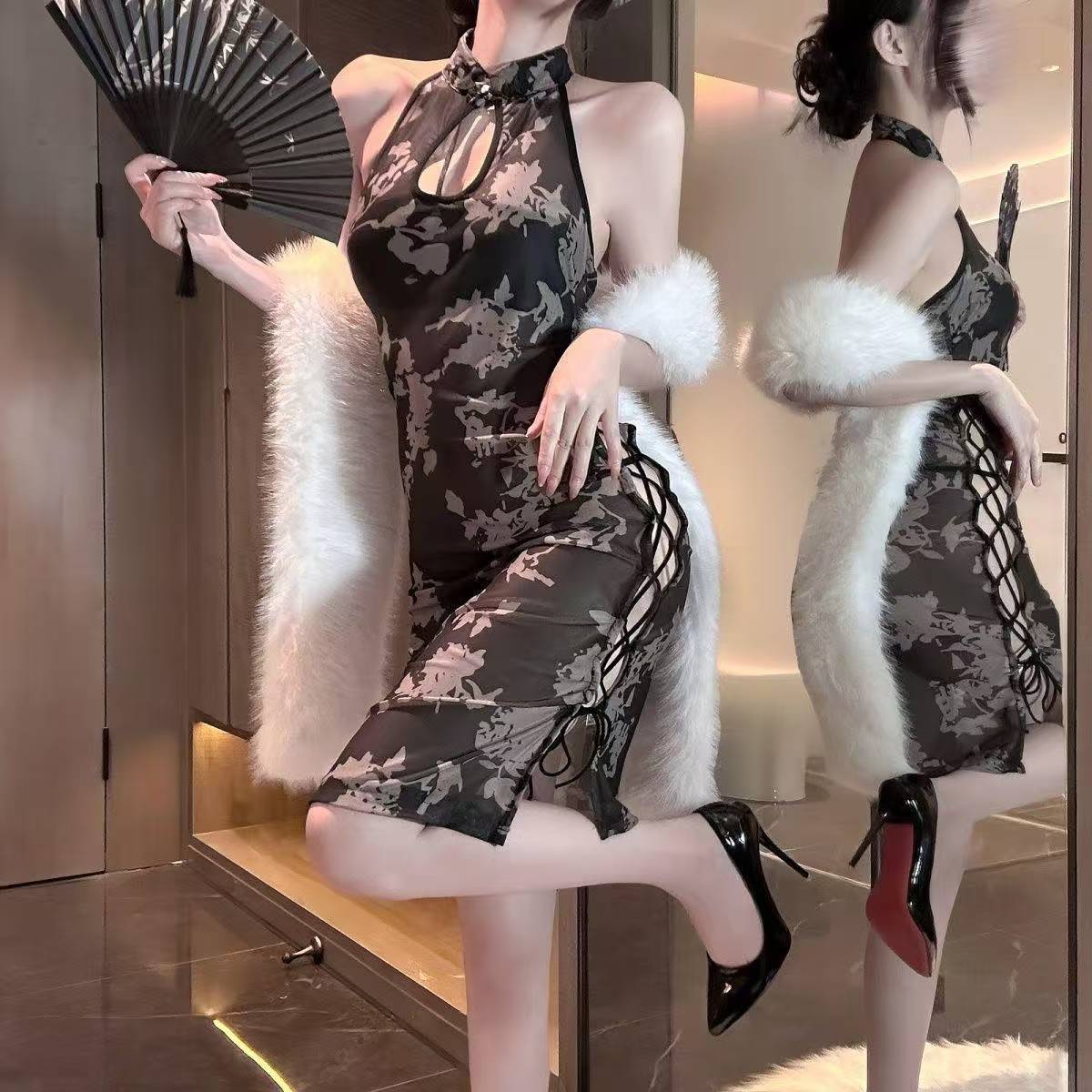 Plus Size Cheongsam Costume Set with Open Back and Crotchless Design, Polyester — detail image 2