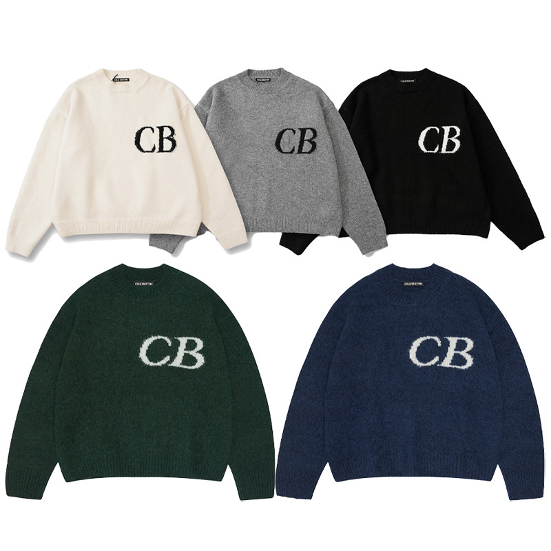 高版本 Cole Buxton 小众简约字母CB提花女情侣同款宽松圆领毛衣