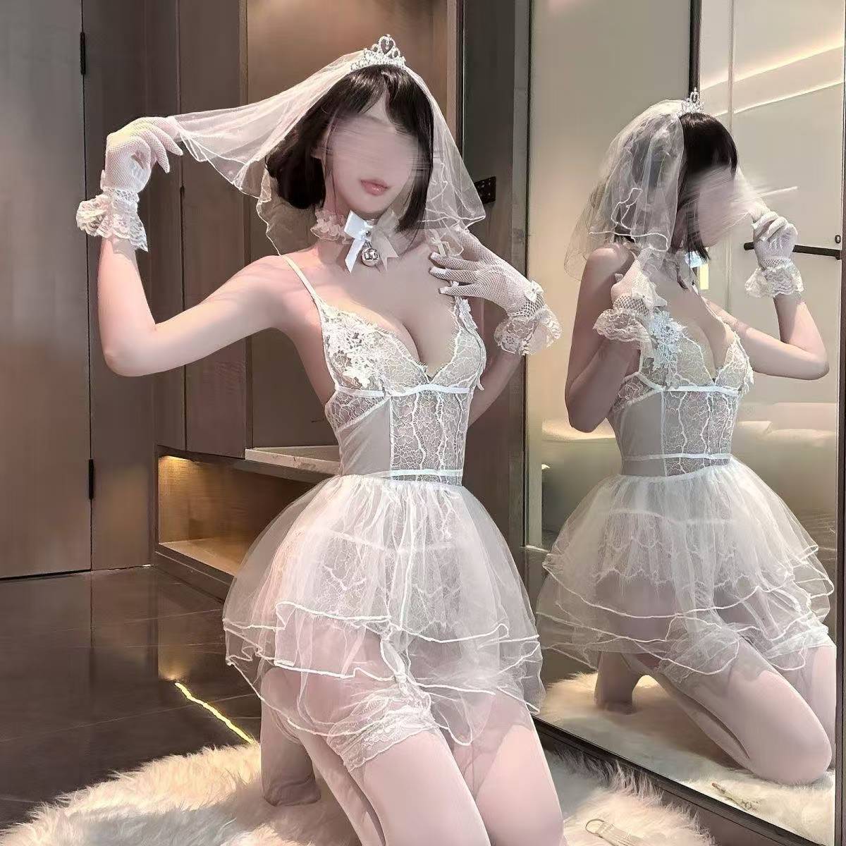 Bridal Lace Lingerie Set with Cut-Out Mesh Detail, Choker Bell and White Stockings — detail image 2