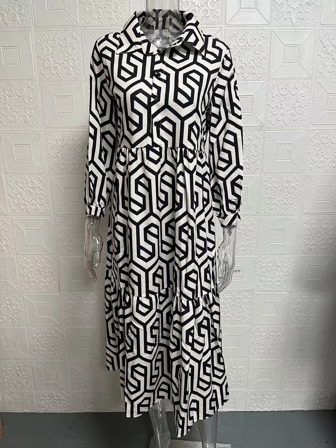 Frau Normales Kleid Strassenmode Ablehnen Drucken Lange Ärmel Geometrisch Maxi Langes Kleid Ferien Täglich display picture 5