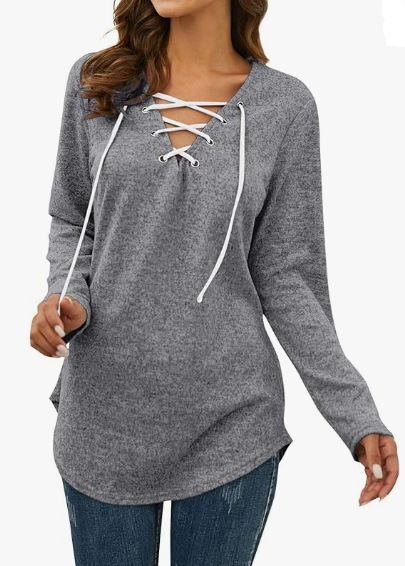 Amazon Aliexpress European and American Cross-Border Autumn Lace-Up V-Neck Long-Sleeve Solid Color Casual Versatile Shirt