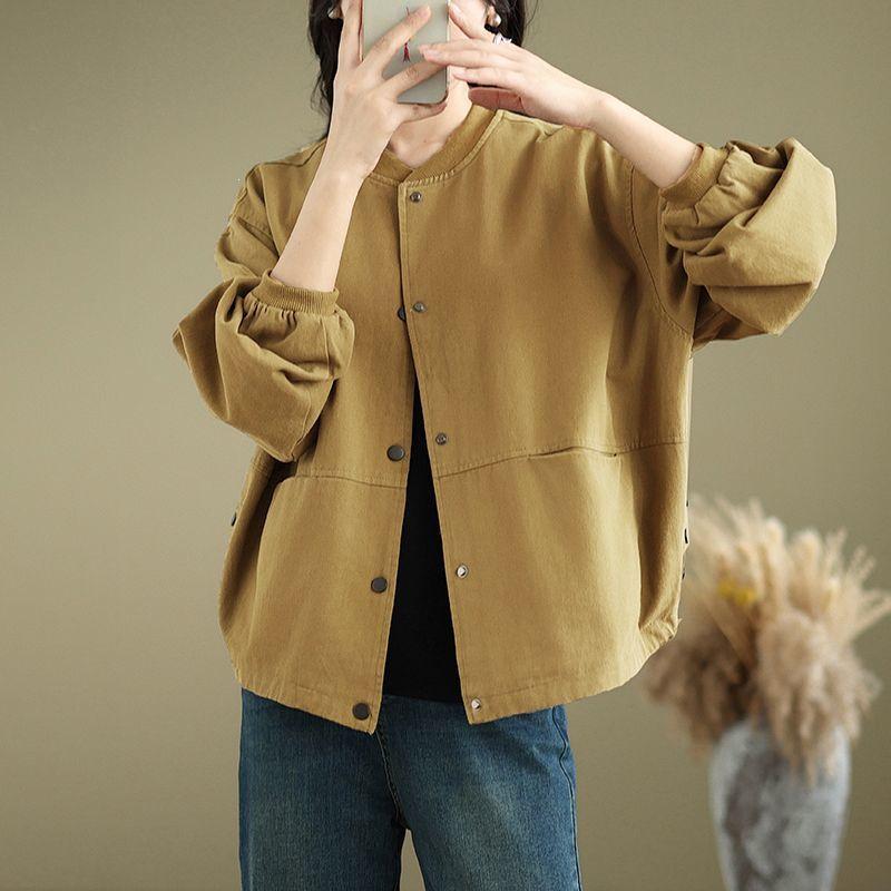 Vintage workwear baseball jacket, cotton coat for spring and autumn, plus size, loose fit, slimming, stand-up collar, double pockets, outerwear jacket for women Vintage workwear baseball jacket, cotton coat for spring and autumn, plus size, loose fit, slimming, stand-up collar, double pockets, outerwear jacket for women