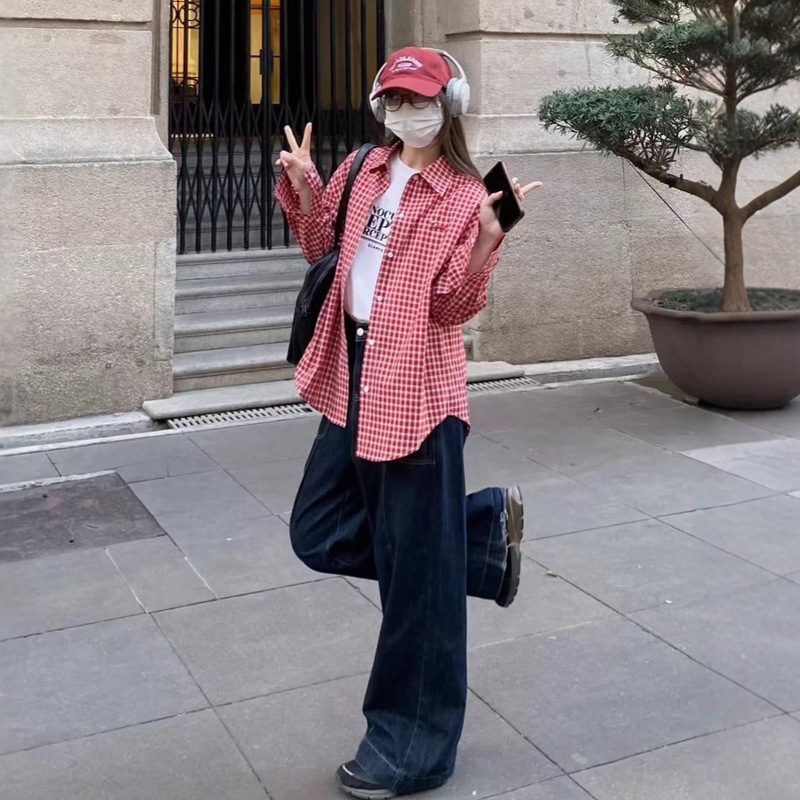 Sun-Protective Dachshund Puppy Embroidered Red and White Plaid Shirt 2025 Autumn New French Plaid Shirt Jacket