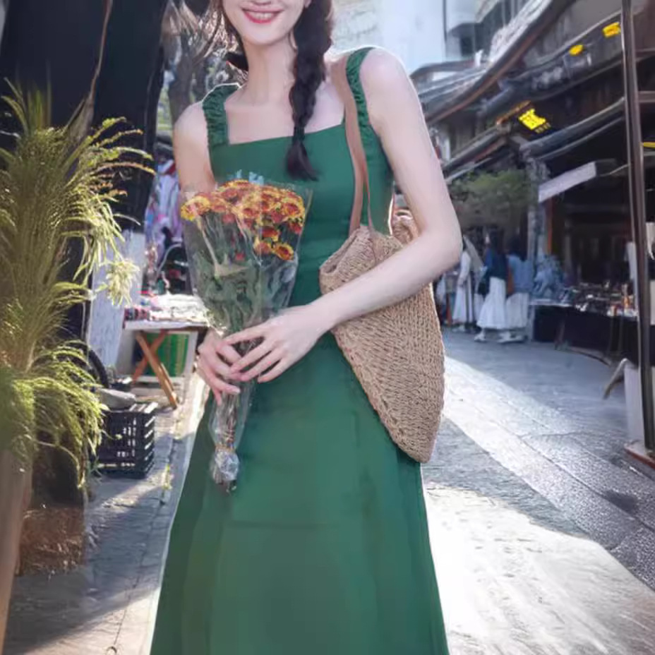 法式墨绿色收腰吊带连衣裙女2024夏季新款海边度假茶歇裙子