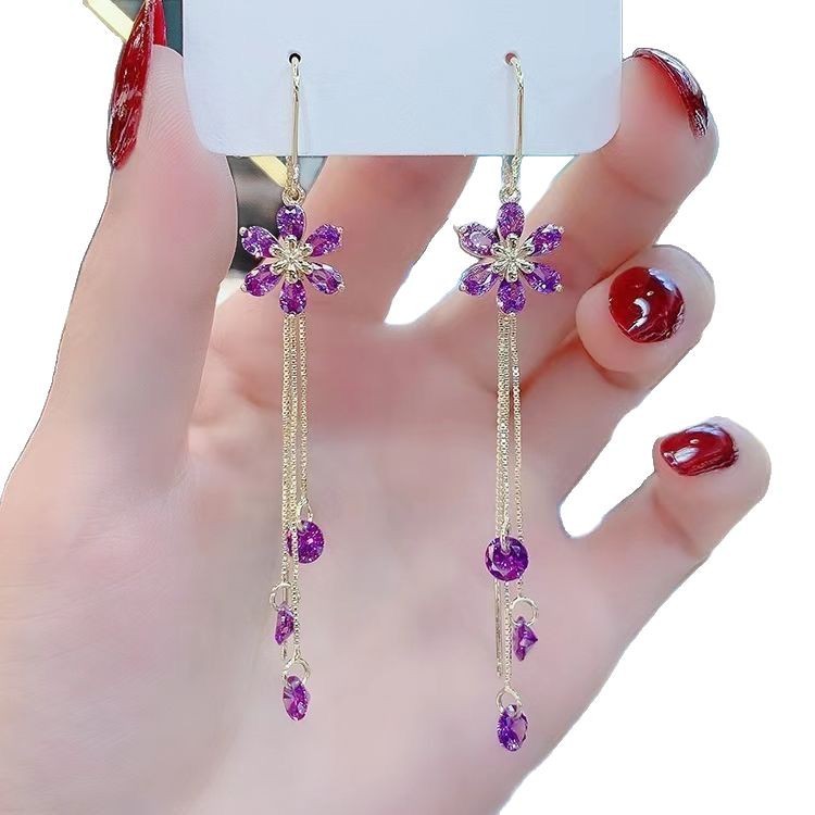 Aretes de línea de cerezo con zirconio púrpura – colgante de cristal largo, borlas, antípérdida, estilo de hada