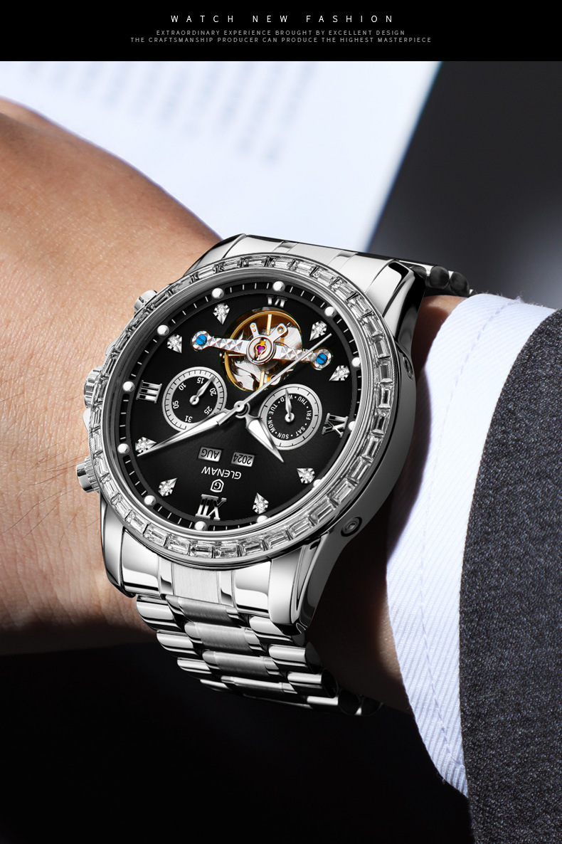 Đồng hồ nam automatic lộ máy dây thép — Xám mặt bạc vỏ bạc dải thép, Dải thép Intergold, Dải thép đen vỏ bạc, Hồng Shell Green Side thép dải chi tiết 4