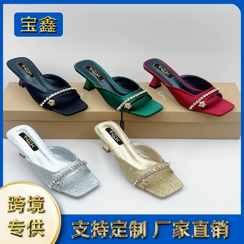 方头粗跟水钻一字带凉拖女秋季新款时尚百搭拖鞋欧美高跟鞋凉鞋