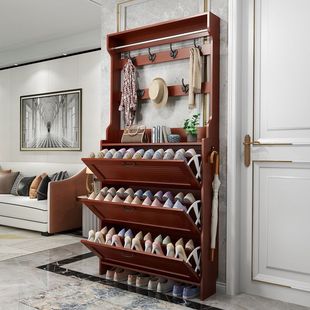 New Chinese Style Tipping Bucket Shoe Cabinet Door Entry Wall Hanging Coat Rack Integrated Solid Wood Color Entrance Cabinet Spring Melt