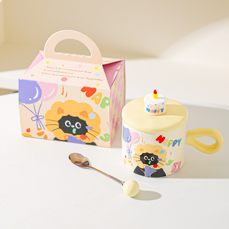 Caricatura encantadora gato cerámica taza de agua copas de alto valor caja de regalo regalo regalo de cumpleaños taza de desayuno