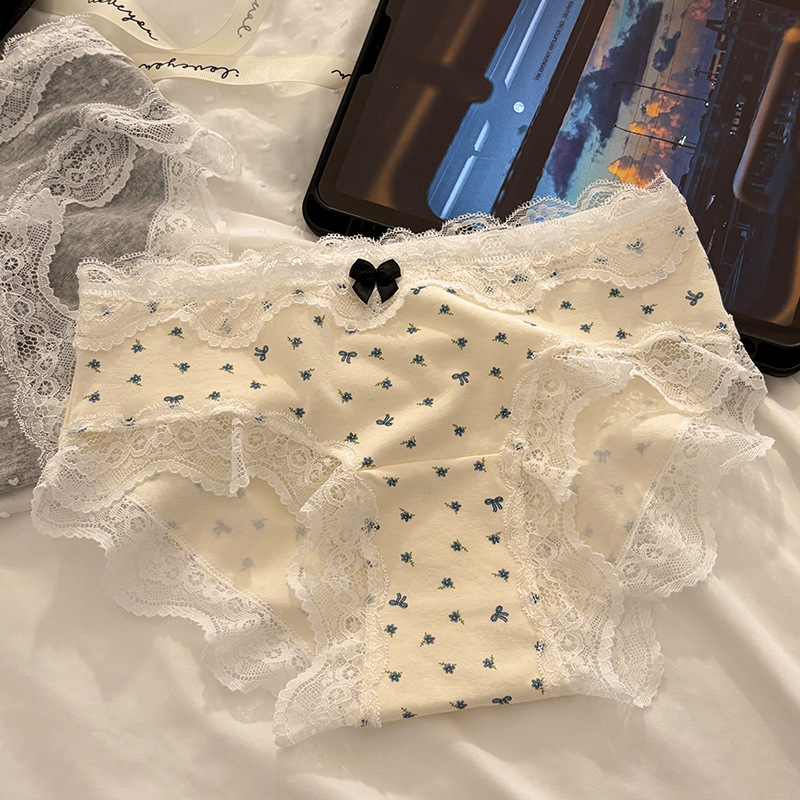 法式复古内裤女10A抗菌婴儿棉可爱少女低腰蕾丝边全棉裆三角裤头|undefined