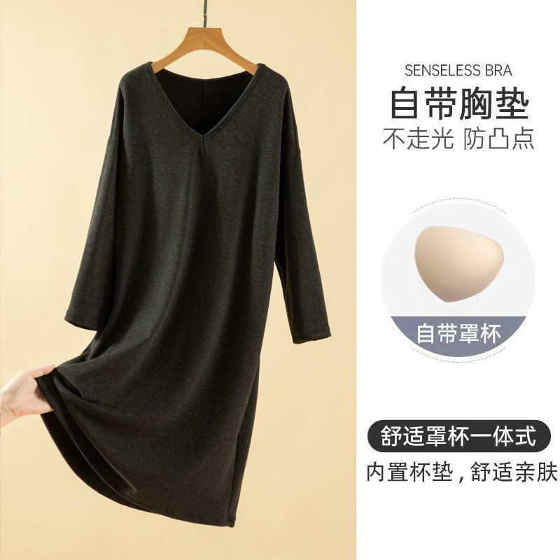 Autumn and Winter New Style German Velvet One-Piece Nightgown with Chest Pads, Women's Long-Sleeved Dress, Warm, Loose, Large Size, Casual Home Wear