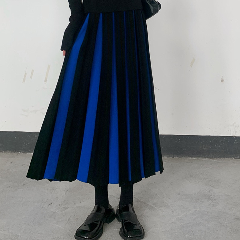 先延ばし厚手ニッチ配色ニットプリーツスカート秋冬新作Aラインアンブレラスカートロングスカート|undefined