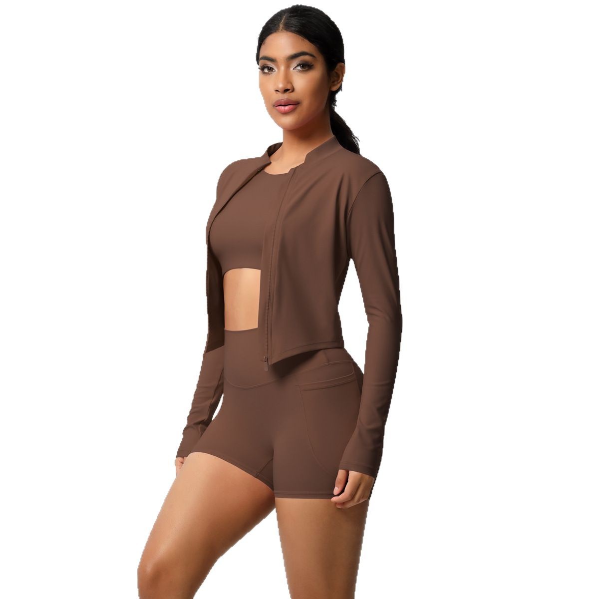 Chaqueta deportiva de manga larga cepillada desnuda europea y americana, pantalones cortos de bolsillo casuales, ropa de yoga de tres piezas