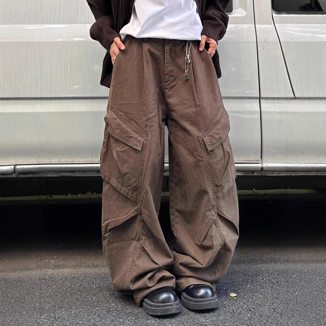 美式复古褶皱垂感廓形多口袋伐木工装休闲裤宽松洗水做旧长裤子潮