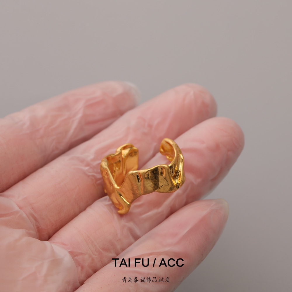 原創復古黃銅鍍復古真金岩石肌理面做舊不規則紋理開口戒指食指戒