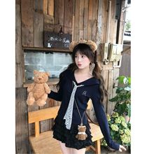 新款美式条纹拼接海军领长袖t恤女秋装修身显瘦辣妹打底衫短款上