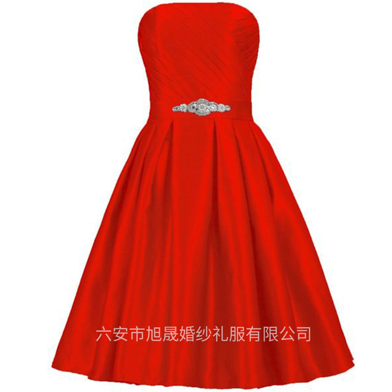 Crystal Satin Short Bridesmaid Dress Knee-length Strapless Wedding Party Prom Birthday Cocktail Tight Skirt