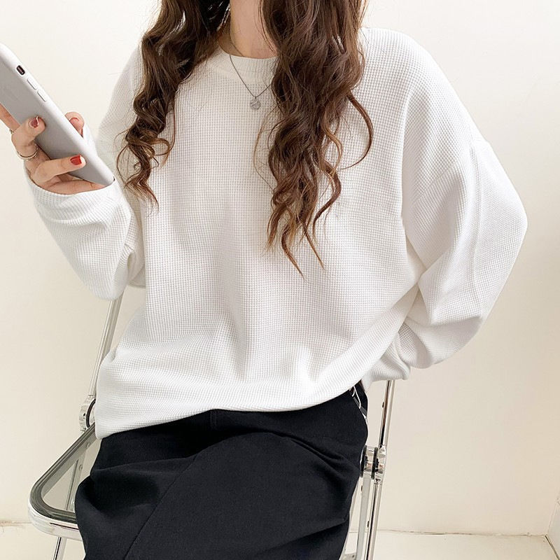 华夫格圆领卫衣女2025秋冬新款韩版宽松时尚百搭长袖T恤女装外套|undefined