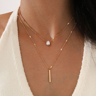 Europe and the United States cross-border jewelry double drop shaped rhinestone pendant clavicle chain simple long stick pendant necklace stacked wholesale