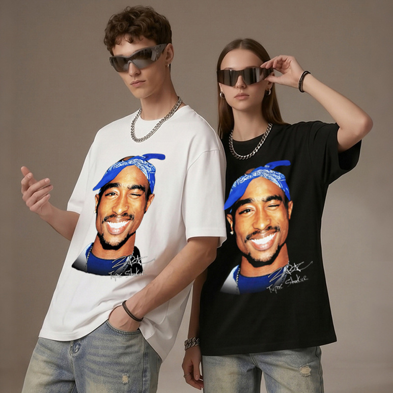 Hip-Hop Tupac Printed T-Shirt American High Street Vintage Washed Loose Heavyweight Round Neck Short-Sleeved T-Shirt American Hip-Hop