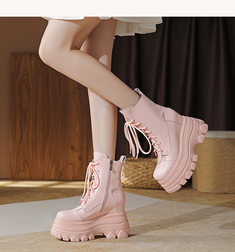 Boot nữ da thật đế dày tăng chiều cao 12 cm dây buộc cổ thấp — Đen lót nhung chi tiết 2